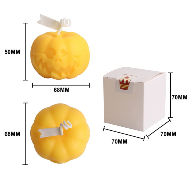 Pumpkin-shaped candles in vibrant yellow, featuring a carved face, packaged in a small white box.