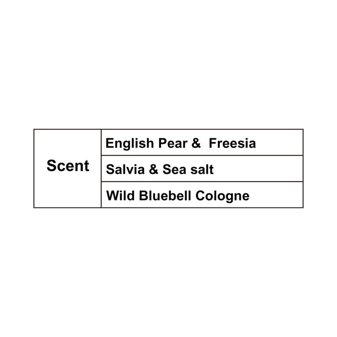 A white label listing three candle scents: English Pear & Freesia, Salvia & Sea Salt, and Wild Bluebell Cologne.