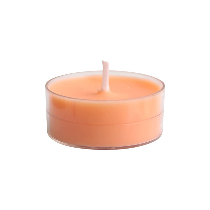 A tealight candle in a clear holder, featuring a soft orange hue and a central wick.