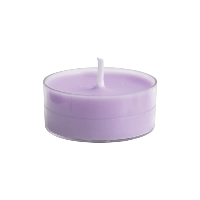 A tealight candle in a clear holder, featuring a soft purple hue.