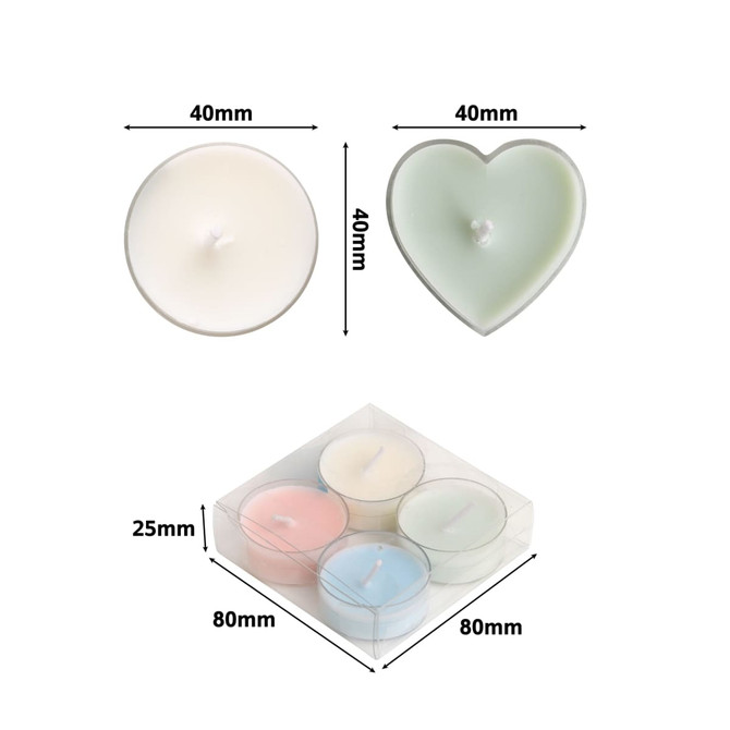 Tealight candle set featuring four candles in various pastel colours, including white, green, pink, and blue, presented in a clear box.