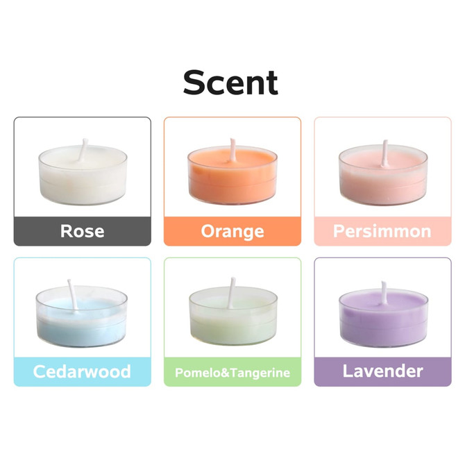 A tealight candle set featuring six scented candles: Rose, Orange, Persimmon, Cedarwood, Pomelo & Tangerine, and Lavender.