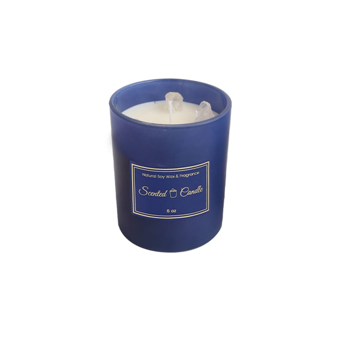 A blue 6.6oz glass candle with a natural soy wax and two wicks, featuring a logo on the front.