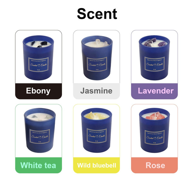 A 6.6oz glass candle collection featuring scents: Ebony, Jasmine, Lavender, White Tea, Wild Bluebell, and Rose. Each candle in a blue container.