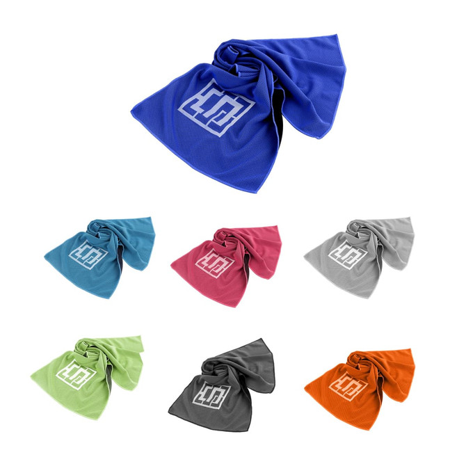 A collection of seven cooling towels in blue, pink, grey, green, orange, and red, featuring a logo on each.