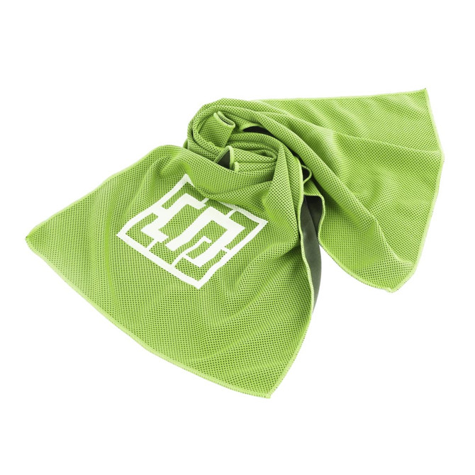 A green cooling towel with a logo, featuring a textured surface and lightweight design for outdoor activities.