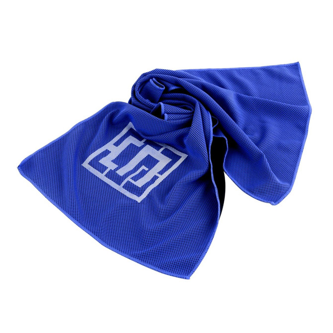 A blue cooling towel folded with a logo displayed prominently in the centre.