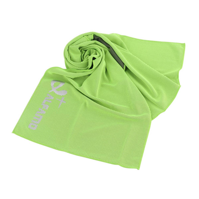 A green cooling towel made of mesh fabric, featuring a logo. Perfect for leisure and outdoor activities.