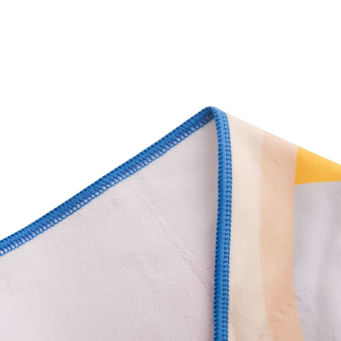 A microfibre beach towel with a vibrant design featuring yellow and pastel colours, edged in blue stitching.