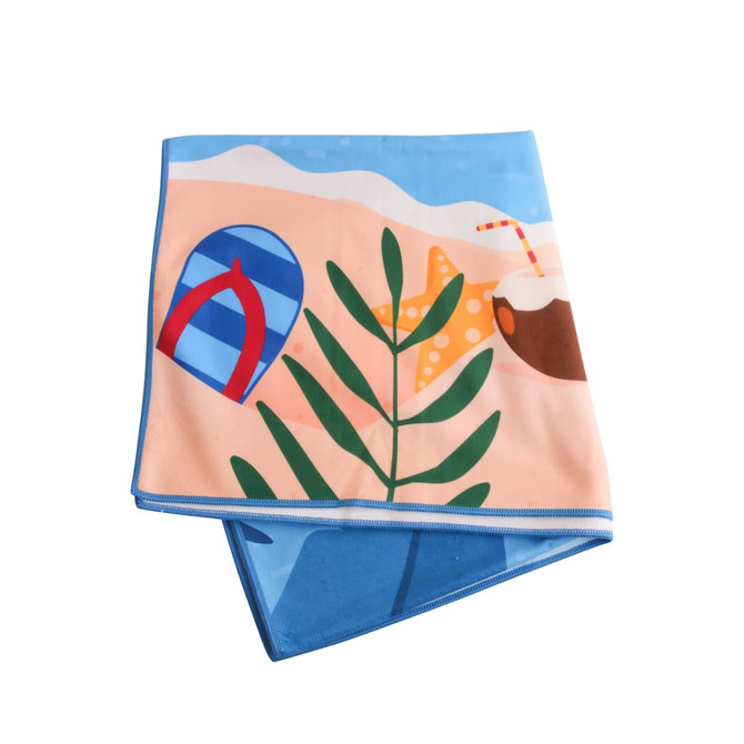 A microfibre beach towel featuring a colourful design with a palm leaf, starfish, and beach items in blue and peach tones.