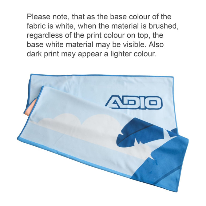 A microfibre beach towel in blue and white, featuring a logo and cloud design, measures 70x140cm.