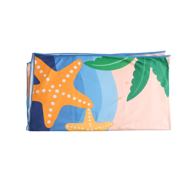 Microfibre beach towel featuring a colourful design with orange starfish and green leaves on a blue and pink background.
