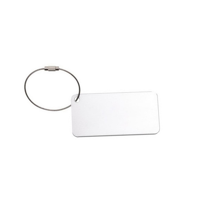 A square aluminium luggage tag with a silver metal ring, featuring a plain metallic surface.