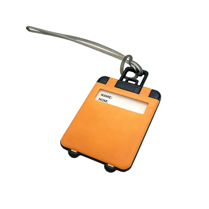 An orange ABS luggage tag with a transparent name slot and a grey strap for attachment.