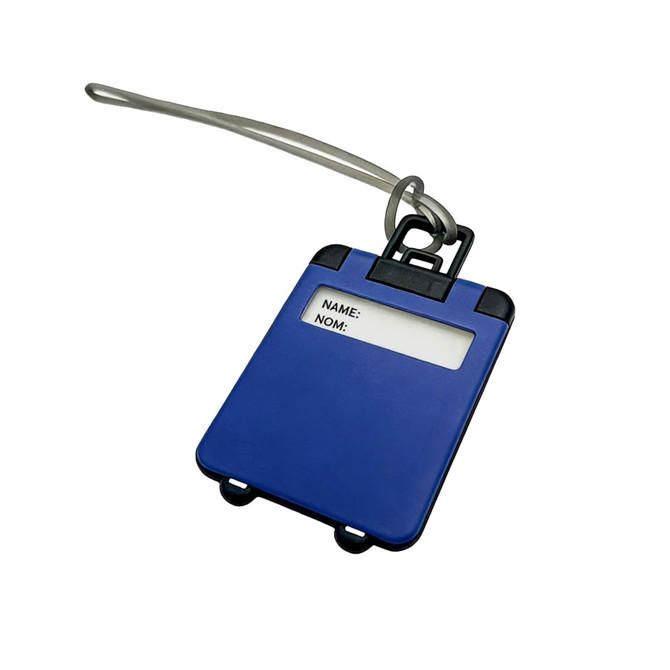 A blue ABS luggage tag with a transparent section for inserting a name label, featuring a loop attachment.