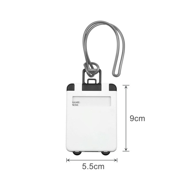 A white ABS luggage tag with black accents, featuring a transparent section for information. Includes a metal attachment hook.