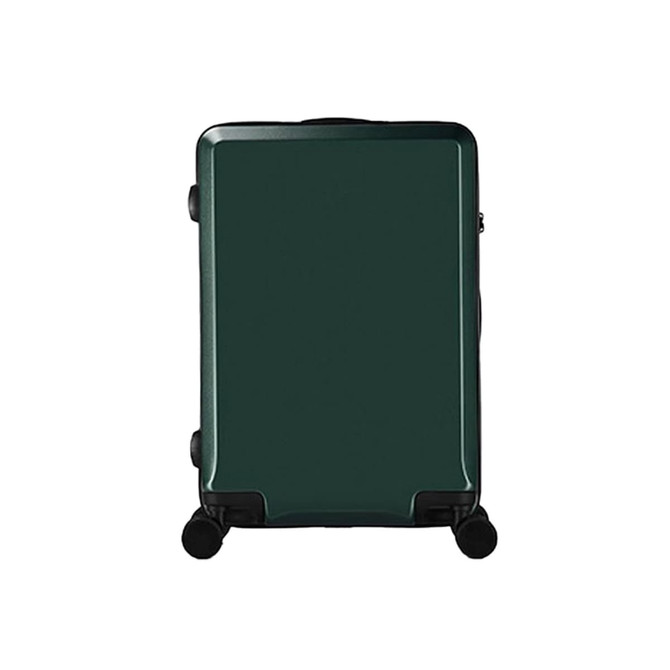 A green ABS business suitcase with wheels, featuring a sleek design and a branded logo. A green ABS business suitcase with wheels, featuring a sleek design and a branded logo.