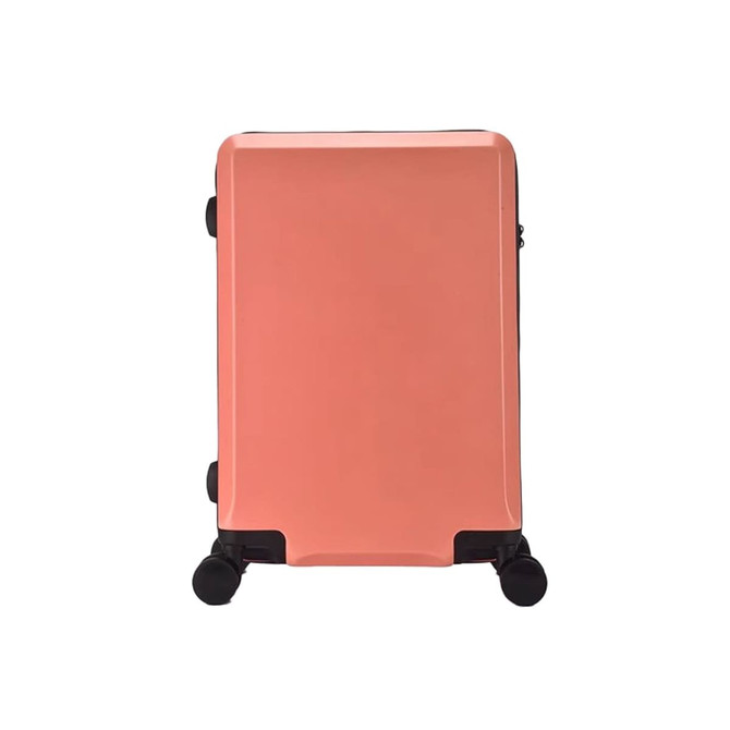 A peach-coloured wheeled suitcase with a sleek design and logo on the front. A peach-coloured wheeled suitcase with a sleek design and logo on the front.