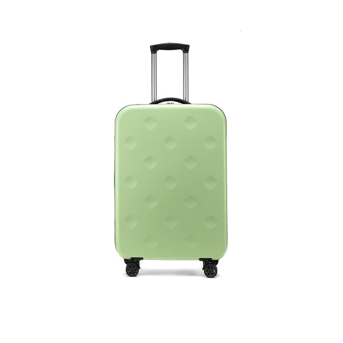 A collapsible suitcase in light green with a textured surface and dual wheels for easy mobility. A collapsible suitcase in light green with a textured surface and dual wheels for easy mobility.