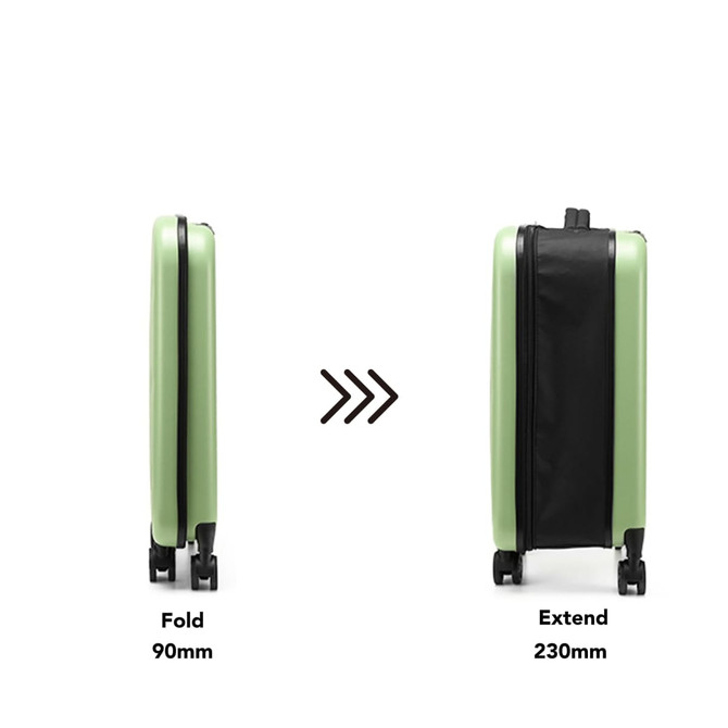 A collapsible suitcase in green, featuring a sleek design with wheels, shown in both folded and extended positions. A collapsible suitcase in green, featuring a sleek design with wheels, shown in both folded and extended positions.