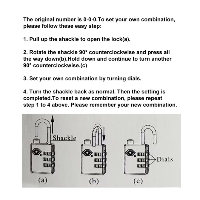 A padlock with a shackle and combination dials, featuring an instructional diagram for setting a combination. A padlock with a shackle and combination dials, featuring an instructional diagram for setting a combination.