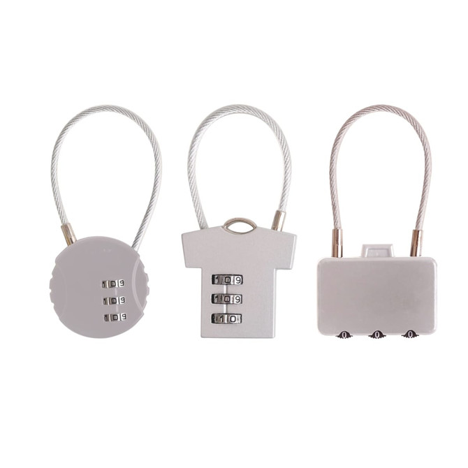 Three metal coded locks in various shapes: round, shirt-shaped, and rectangular, all featuring combination dials.