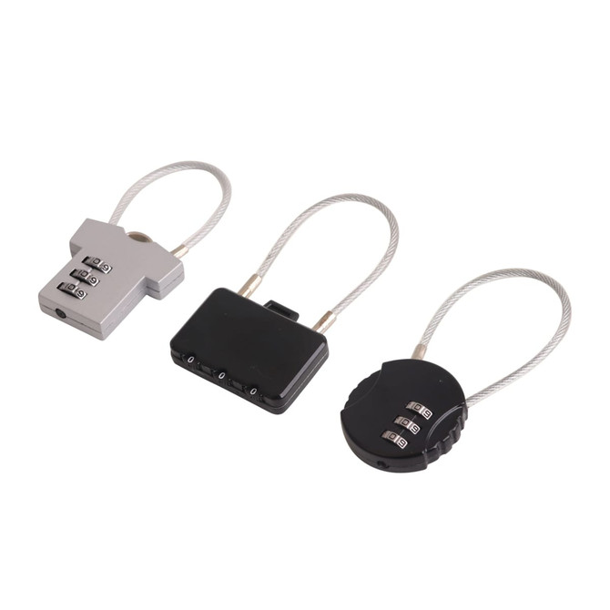 Three metal coded locks in silver and black, featuring different designs and combination dials. Each has a metal cable attachment.