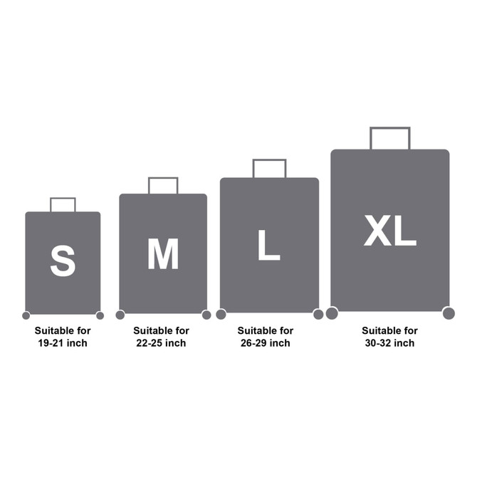 A graphic displaying suitcase cover sizes: Small, Medium, Large, and Extra Large, indicating suitable luggage dimensions.