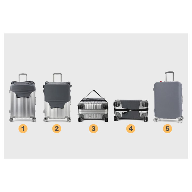 Five suitcase covers in various styles and shades of grey, designed to fit different suitcase sizes and shapes.