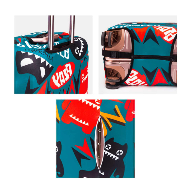 A suitcase cover featuring a colourful design with various graphic characters in red, black, and blue. It includes a logo.