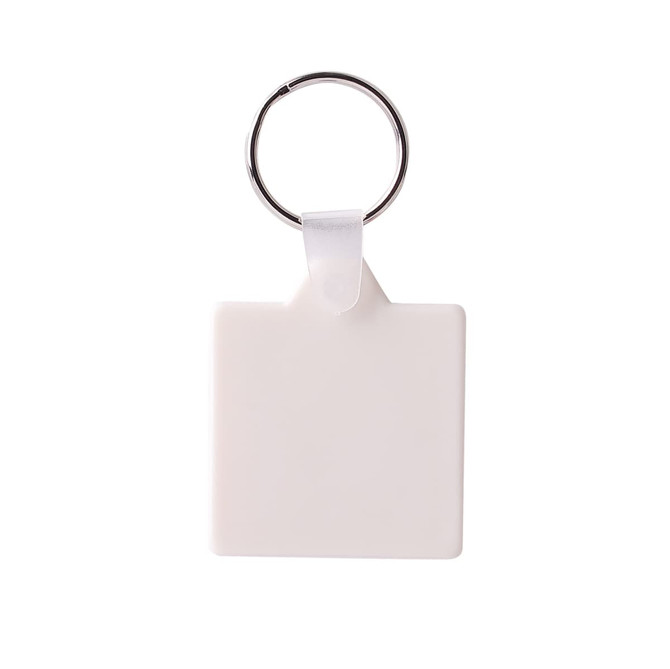A square hard plastic keyring in white attached to a silver metal ring.