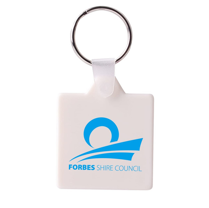 A square hard plastic keyring in white featuring a blue logo. It has a silver metal keyring attachment.