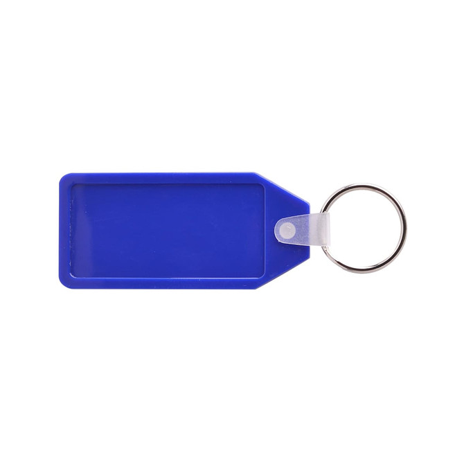 A blue long hexagon hard plastic keyring with a metal keyring attachment. It features a logo. A blue long hexagon hard plastic keyring with a metal keyring attachment. It features a logo.