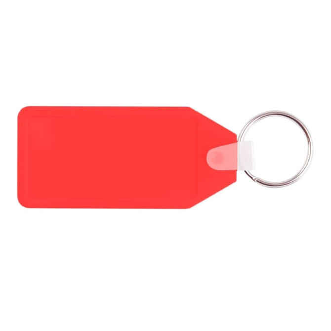 A red long hexagon hard plastic keyring with a metal ring and a clear attachment. A red long hexagon hard plastic keyring with a metal ring and a clear attachment.