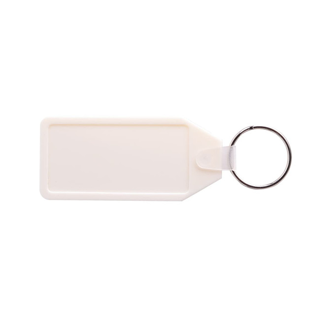 A long hexagon hard plastic keyring in white, featuring a circular metal ring and a blank surface for customisation. A long hexagon hard plastic keyring in white, featuring a circular metal ring and a blank surface for customisation.