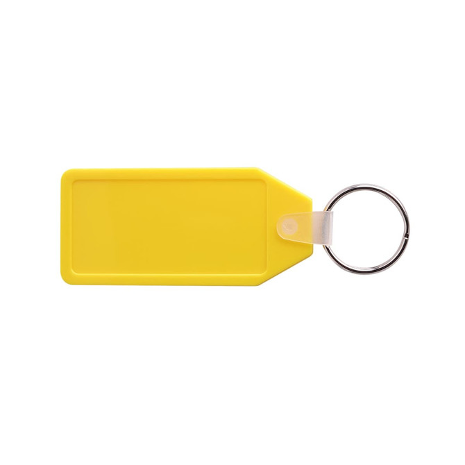 A yellow hexagon hard plastic keyring with a silver keyring attachment. A yellow hexagon hard plastic keyring with a silver keyring attachment.