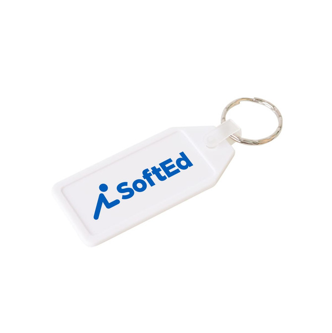 A long hexagon hard plastic keyring in white with a keychain attachment and a logo. A long hexagon hard plastic keyring in white with a keychain attachment and a logo.