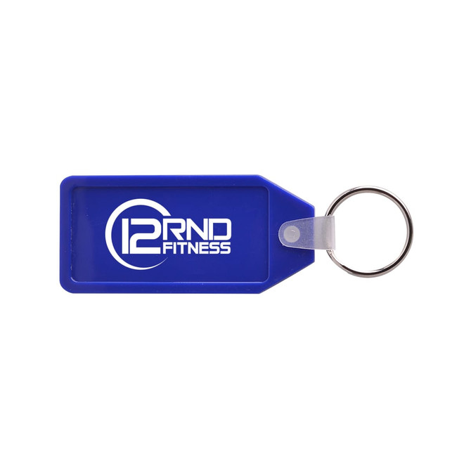 A blue hard plastic keyring featuring a silver keyring attachment and a logo. A blue hard plastic keyring featuring a silver keyring attachment and a logo.