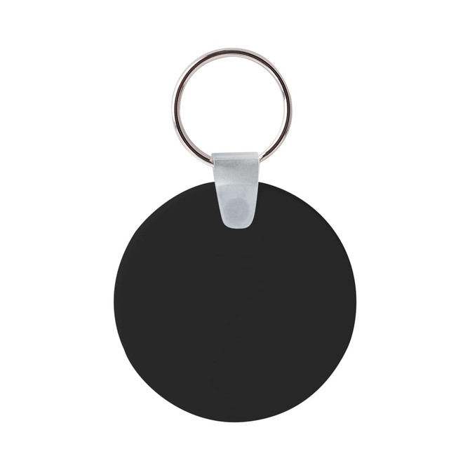 A round, black Durasoft keyring with a silver ring. The keyring has a smooth surface and a simple design. A round, black Durasoft keyring with a silver ring. The keyring has a smooth surface and a simple design.