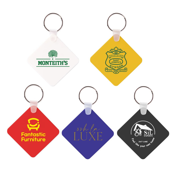 A square Durasoft keyring featuring four different designs in red, yellow, black, and blue with metal keychain attachments. A square Durasoft keyring featuring four different designs in red, yellow, black, and blue with metal keychain attachments.
