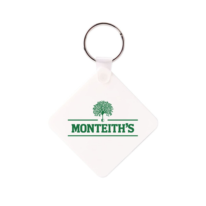 A square white keyring with a silver metal ring and a green logo design. A square white keyring with a silver metal ring and a green logo design.