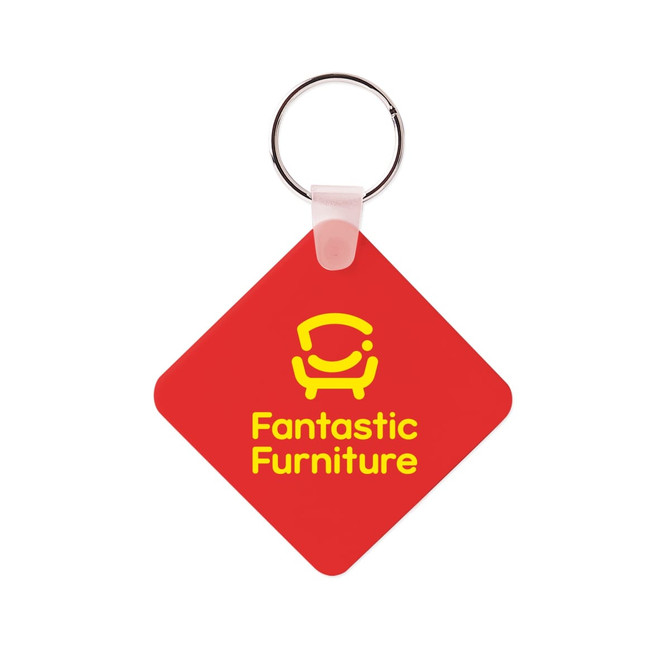 A square, red keyring with a silver metal keychain and a logo on one side. A square, red keyring with a silver metal keychain and a logo on one side.