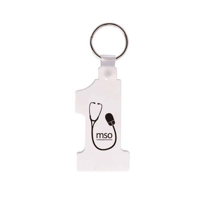 A white keyring shaped like the number one, featuring a logo and a silver keyring attachment. A white keyring shaped like the number one, featuring a logo and a silver keyring attachment.