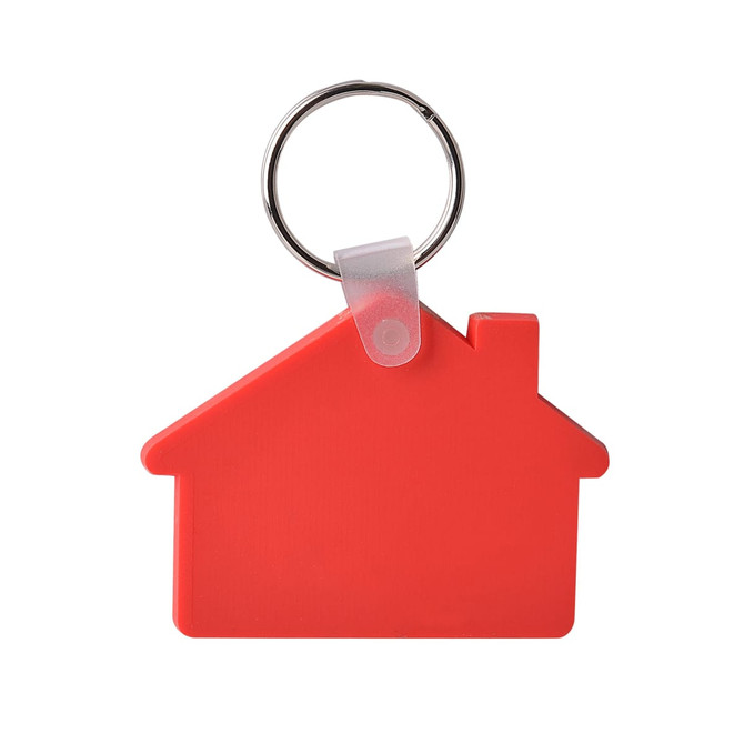 A red keyring shaped like a house, featuring a silver keyring attachment. It has a simple, solid design. A red keyring shaped like a house, featuring a silver keyring attachment. It has a simple, solid design.