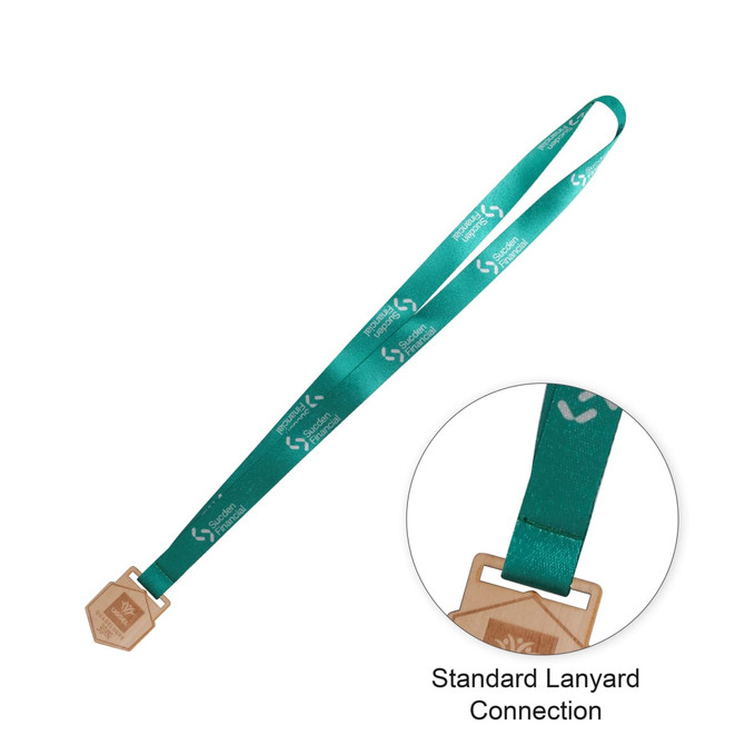 A custom shaped wooden medal in a hexagonal design, attached to a teal RPET lanyard with branding.