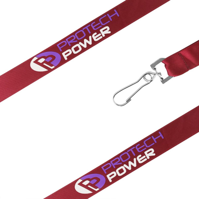 A red satin lanyard with a silver attachment clip and branding on the sides.