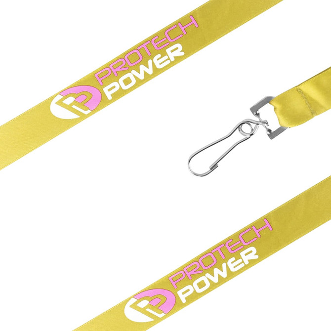 A yellow satin lanyard featuring a logo and a silver metal clip for attachment.