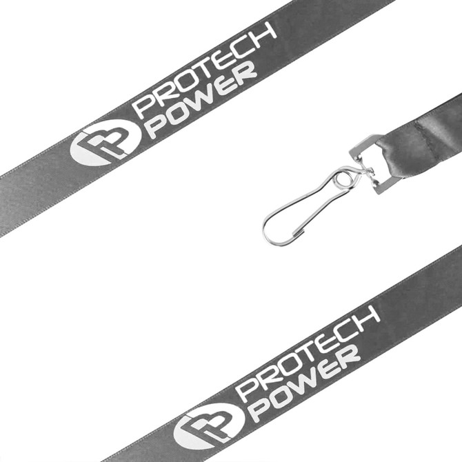 A grey satin lanyard features a clip and has a logo along its length.