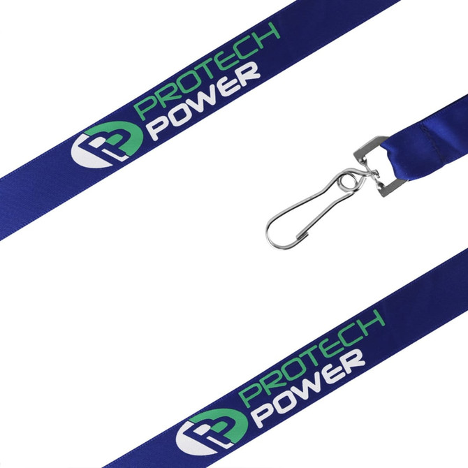 A blue satin lanyard with a clip, featuring a logo prominently displayed.