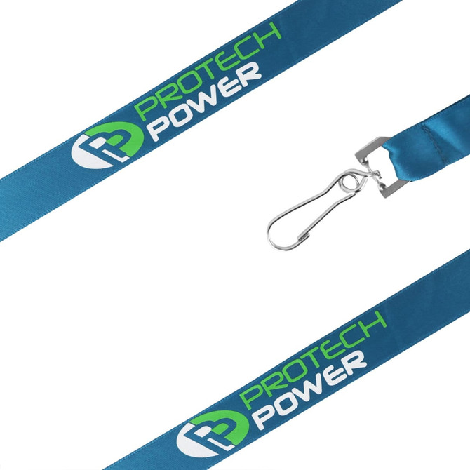 A blue satin lanyard featuring a branded logo and a metal clip for attachment.